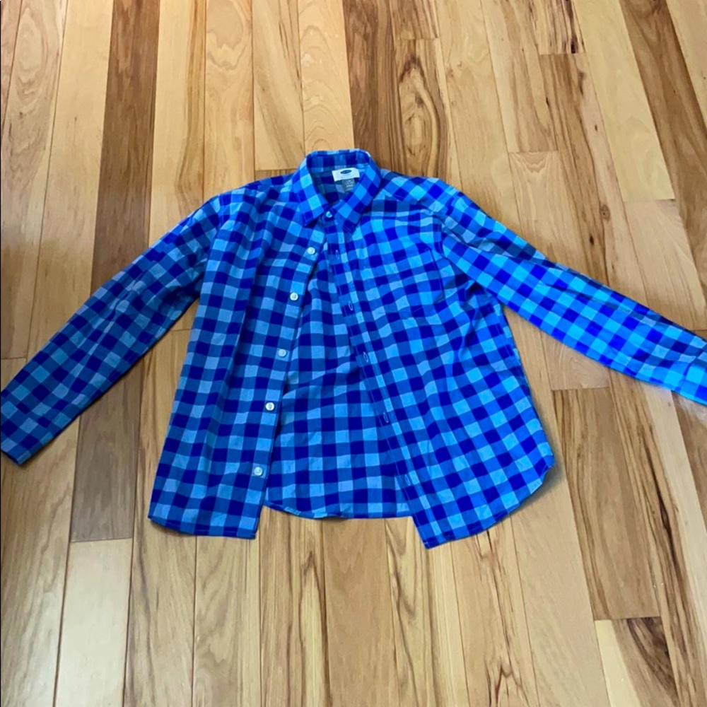 Boys blue checkerboard pattern button up shirt